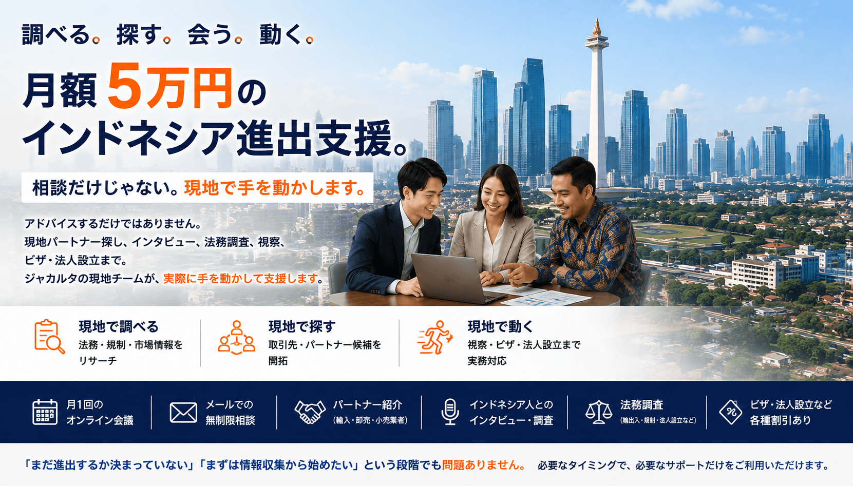 調べる。探す。会う。動く。月額5万円のインドネシア進出支援。相談だけじゃない。現地で手を動かします。