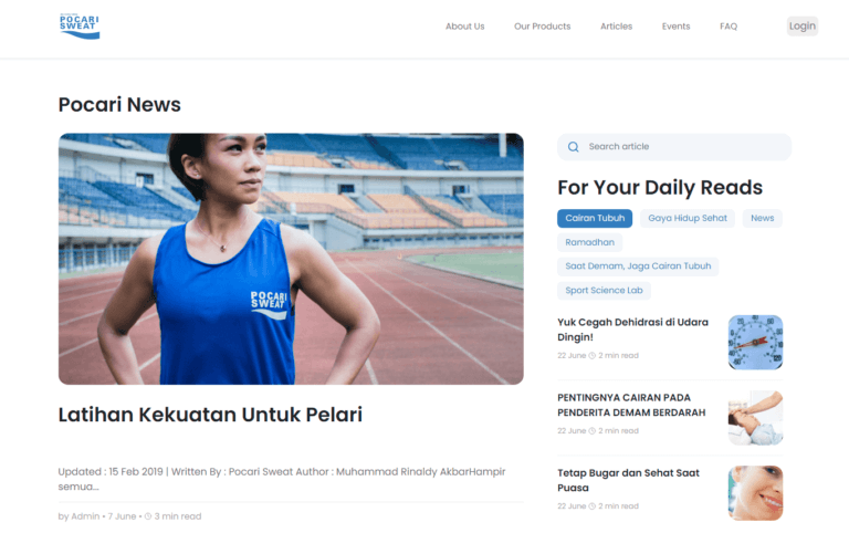 ポカリスエットインドネシアの公式ウェブサイト、スポーツ関係の記事のページ