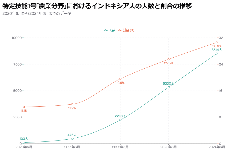 特定技能1号農業分野におけるインドネシア人の人数と割合の推移